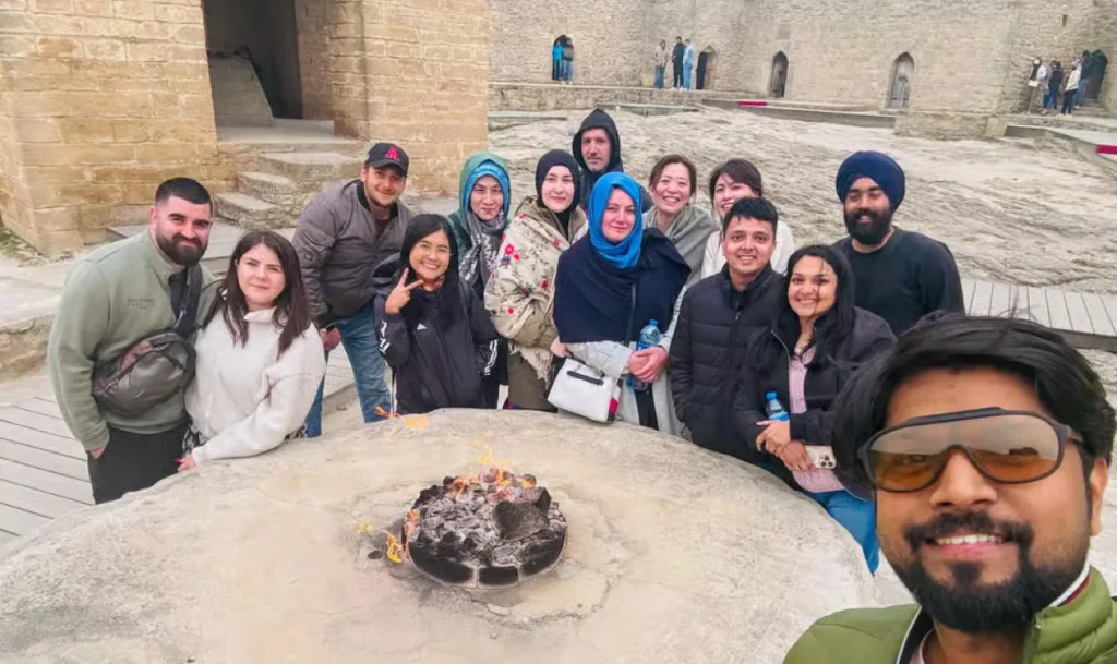 Travelers at Ateshgah Fire Temple during the Azerbaijan Highlights tour