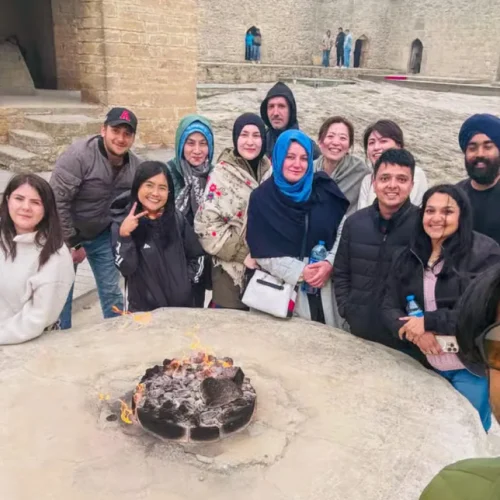 Travelers at Ateshgah Fire Temple during the Azerbaijan Highlights tour
