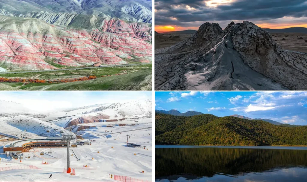 Azerbaijan tour package 5 days 4 nights — collage of Candy Cane Mountains, mud volcanoes, Shahdag and Nohur Lake