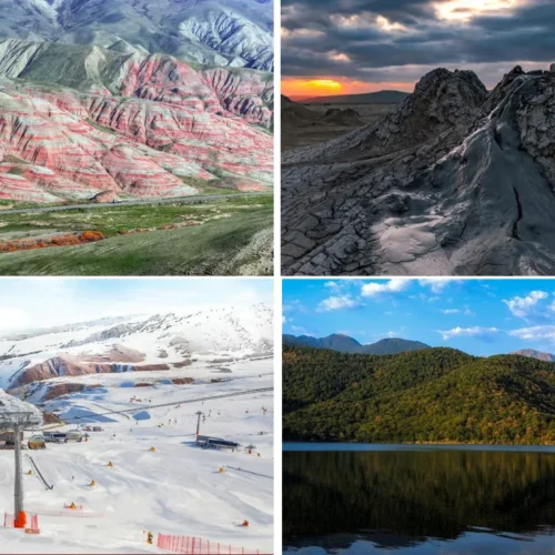 Azerbaijan tour package 5 days 4 nights — collage of Candy Cane Mountains, mud volcanoes, Shahdag and Nohur Lake