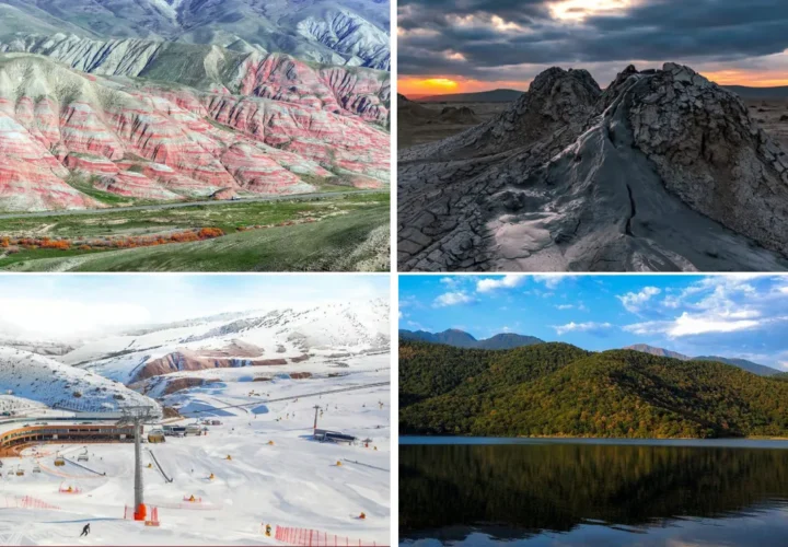 Azerbaijan tour package 5 days 4 nights — collage of Candy Cane Mountains, mud volcanoes, Shahdag and Nohur Lake