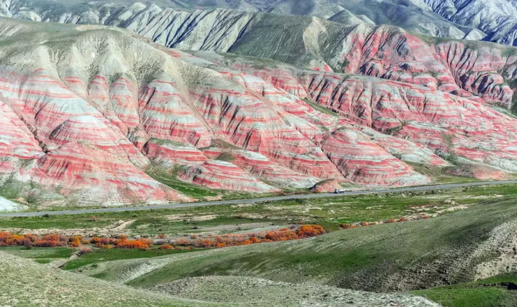 Striped red and white Candy Cane Mountains in Khizi, Azerbaijan