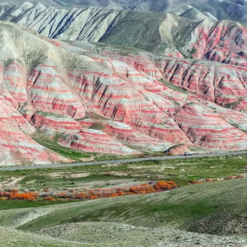 Striped red and white Candy Cane Mountains in Khizi, Azerbaijan