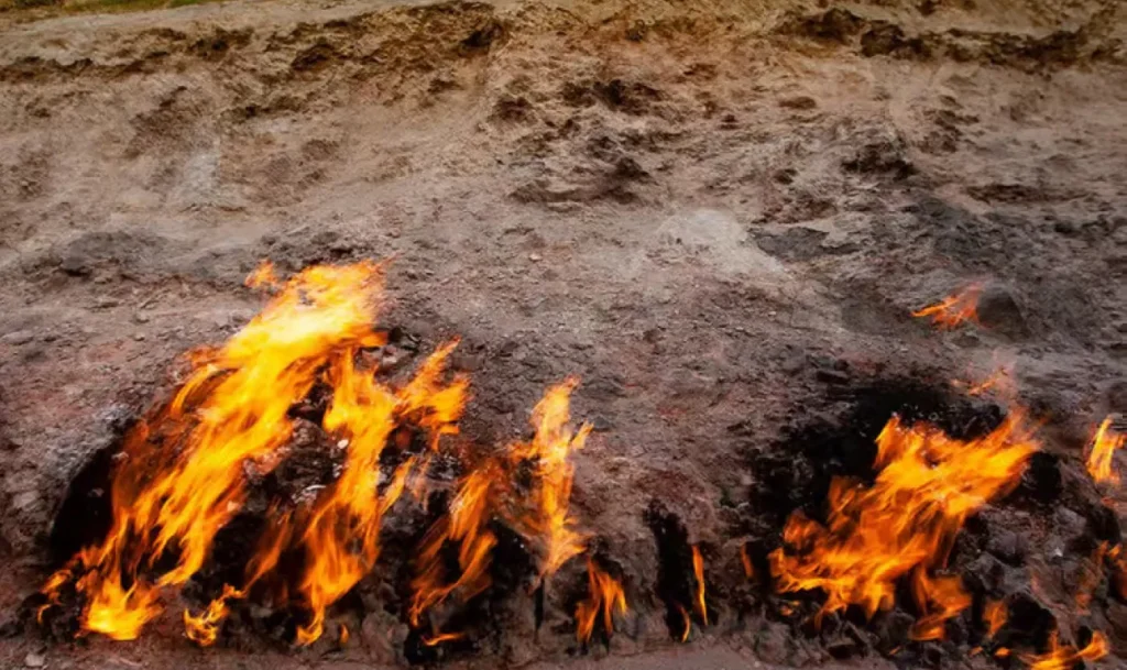 Natural flames at Yanar Dag Burning Mountain near Baku