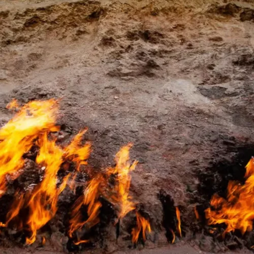 Natural flames at Yanar Dag Burning Mountain near Baku